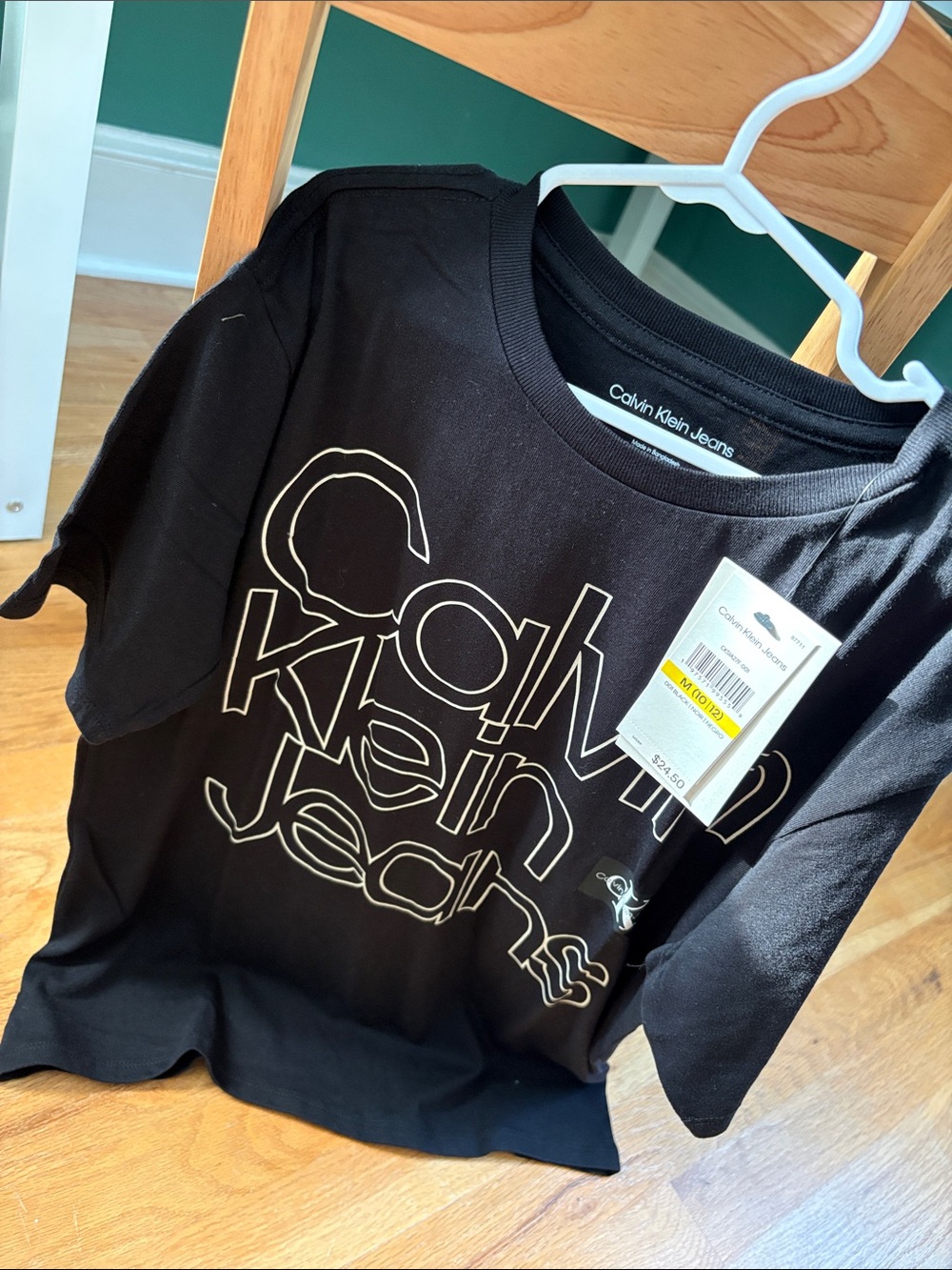 Calvin Klein Jeans Kids Black Tee with White Outline Logo